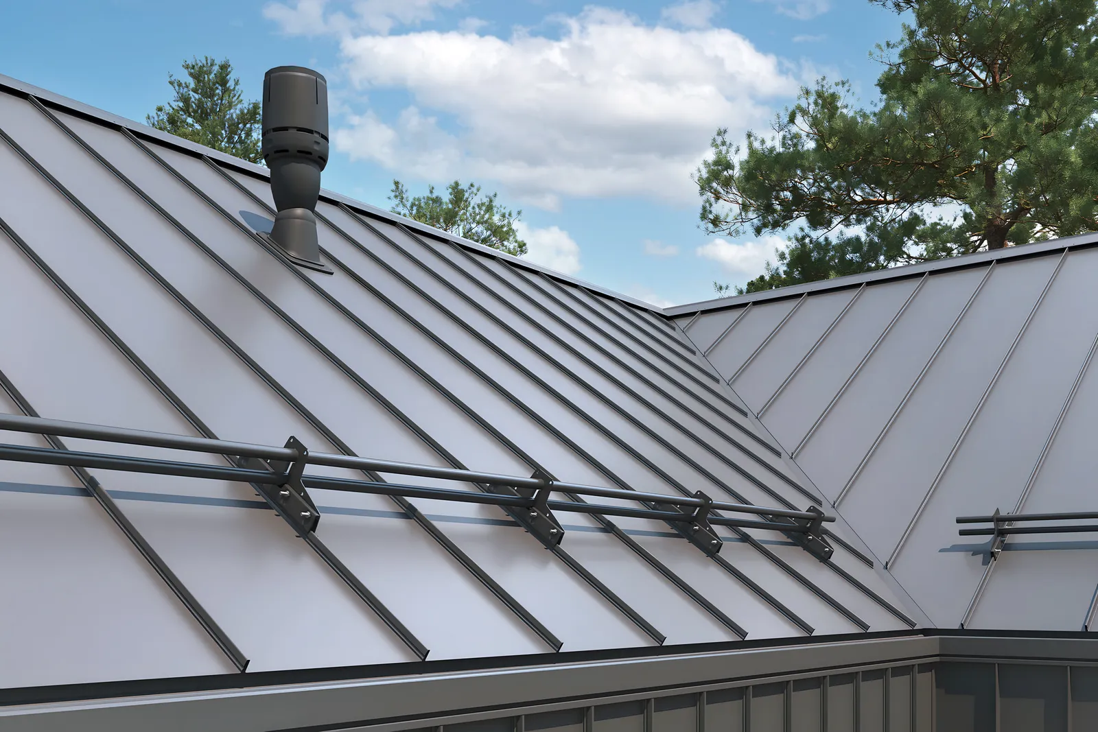 Standing seam metal roof with snow guard rails and a roof vent in Devizes