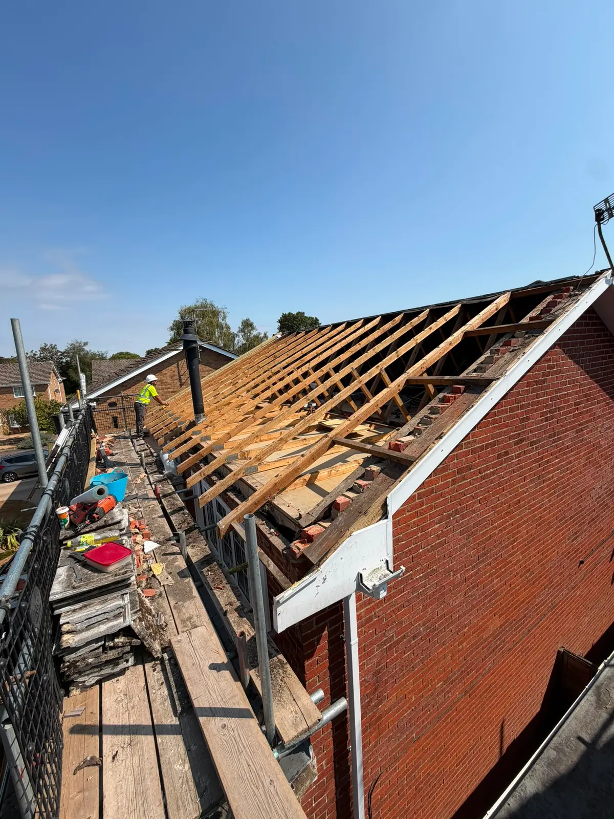 Old roof stripped back to the rafters ready for a full re-roof in Berkshire