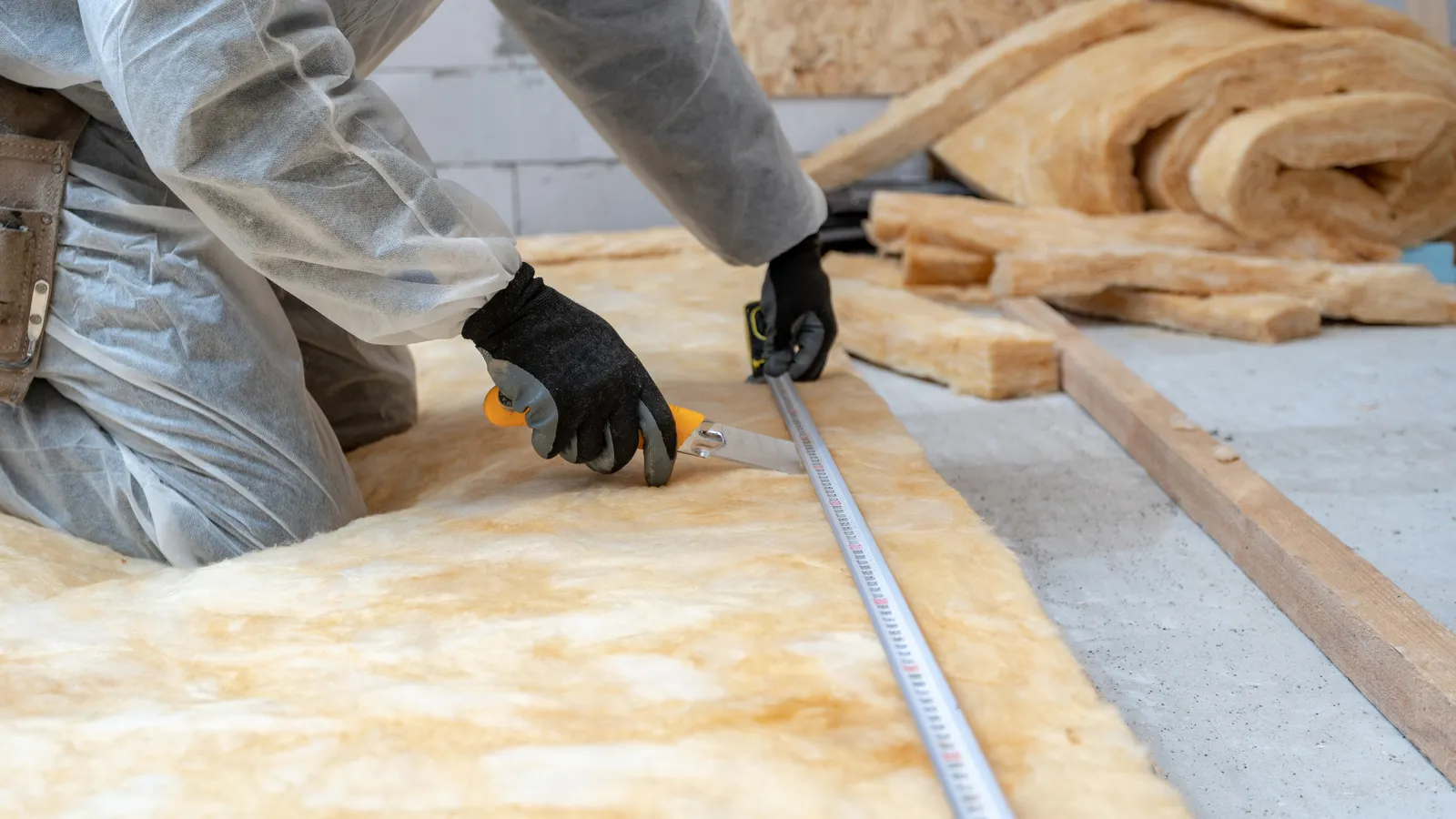 Installer in overalls measuring and cutting a roll of mineral wool loft insulation