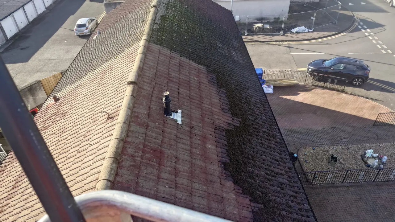 Aerial view of a tiled roof half-cleaned of moss, showing the contrast in Devizes